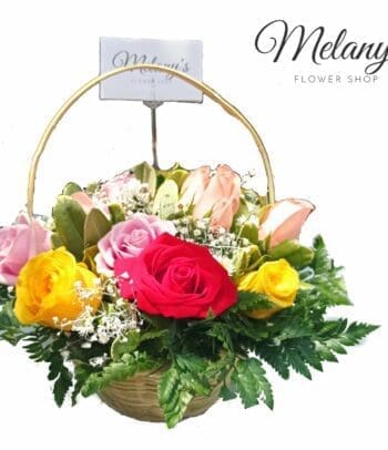 Imagine - Canasta pequeña de rosas, solidago y baby breath